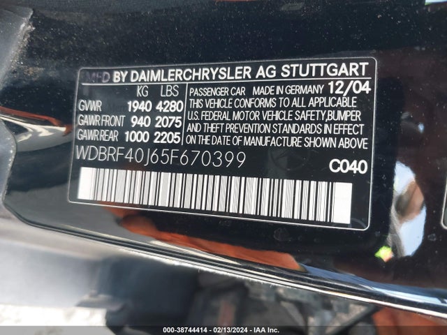 Aukcja sprzedaży 2005 Mercedes-benz C 230 Kompressor Sport, vin: WDBRF40J65F670399, numer aukcji: 38744414