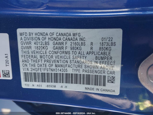 Honda Civic Touring 2022 2HGFE1F97NH314305 Image 9