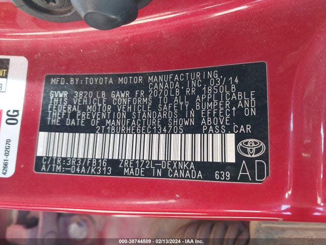 2014 TOYOTA COROLLA LE VIN: 2T1BURHE6EC134705