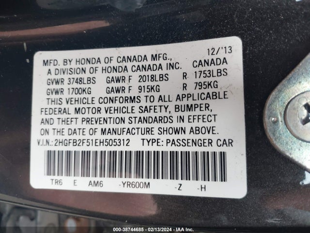 Honda Civic Lx 2014 2HGFB2F51EH505312 Image 9