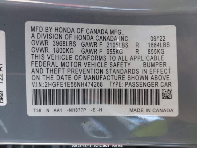 2HGFE1E56NH474268 Honda CIVIC SI SEDAN