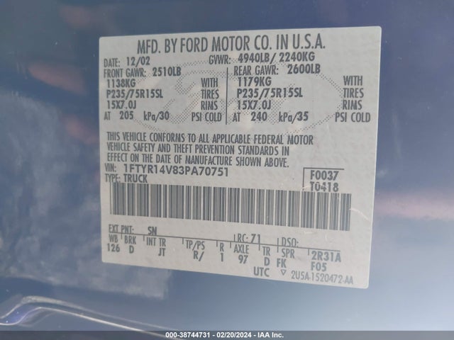2003 FORD RANGER EDGE/TREMOR/XL/XLT VIN: 1FTYR14V83PA70751