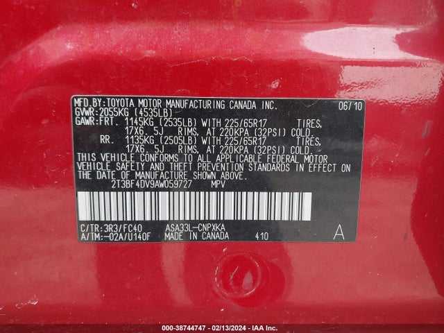 2010 TOYOTA RAV4 VIN: 2T3BF4DV9AW059727
