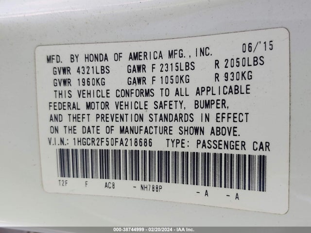 Honda Accord Sport 2015 1HGCR2F50FA218686 Image 9