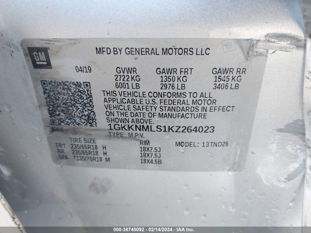 GMC Acadia Slt-1 2019 1GKKNMLS1KZ264023 Image 9