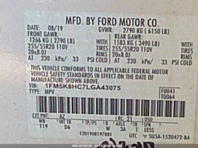 1FM5K8HC7LGA43075 Ford Explorer Platinum