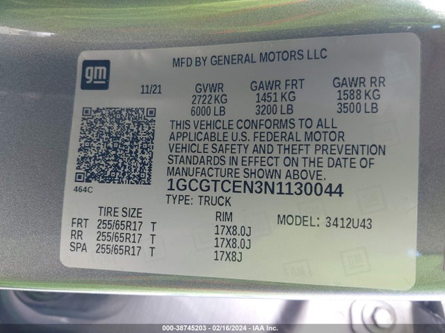 2022 CHEVROLET COLORADO 4WD LONG BOX LT VIN: 1GCGTCEN3N1130044