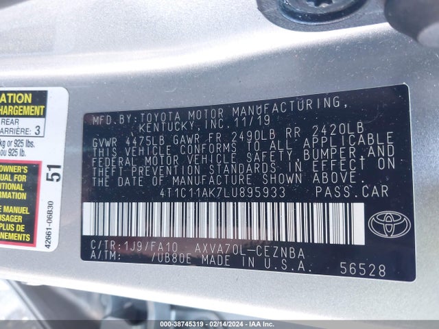 Toyota CAMRY LE 2020 4T1C11AK7LU895933 Image 9