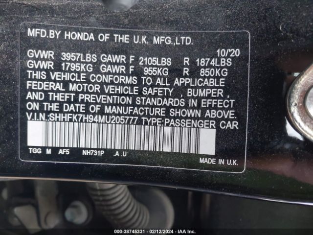 SHHFK7H94MU205777 Honda Civic Sport Touring