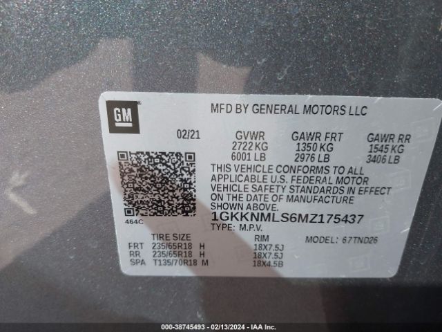 1GKKNMLS6MZ175437 GMC Acadia Fwd Slt