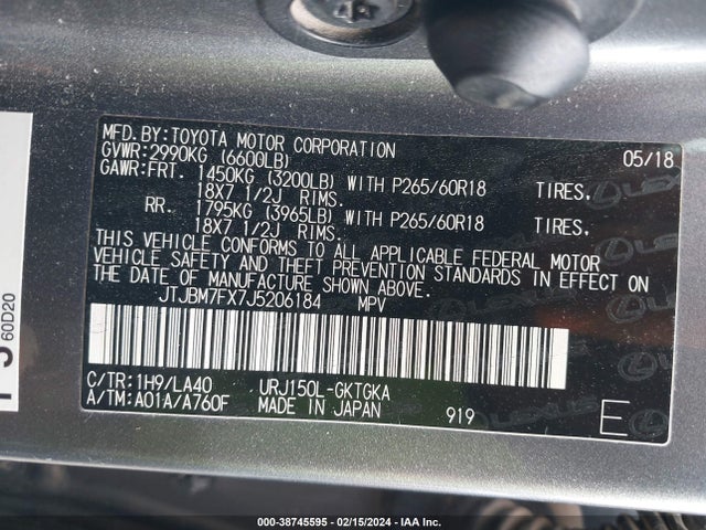 JTJBM7FX7J5206184 Lexus 460