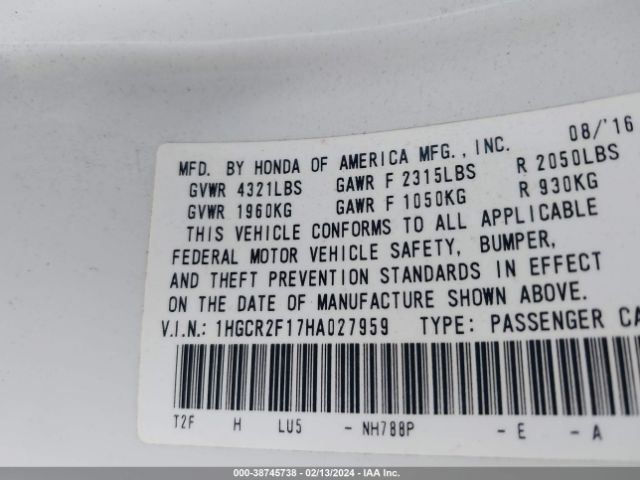 1HGCR2F17HA027959 Honda Accord Sport Se
