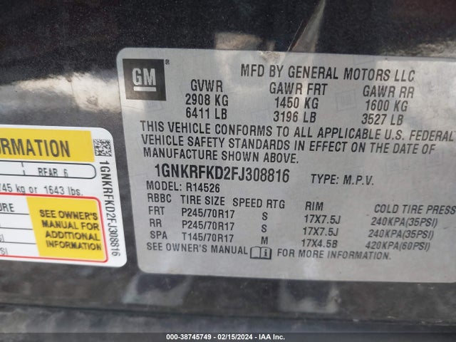 Chevrolet Traverse Ls 2015 1GNKRFKD2FJ308816 Image 9