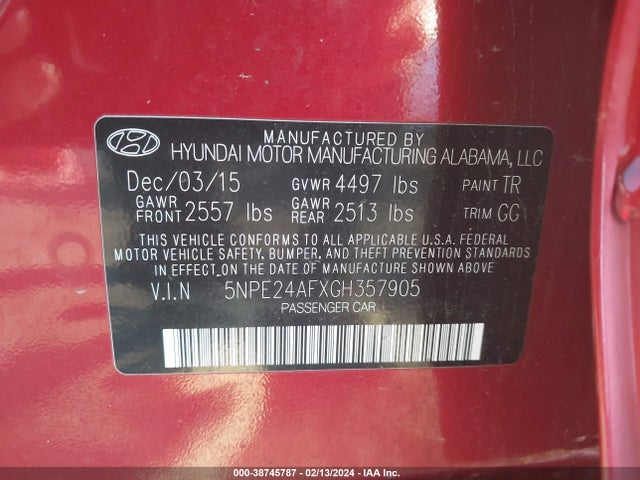 Hyundai SONATA SE 2016 5NPE24AFXGH357905 Image 9
