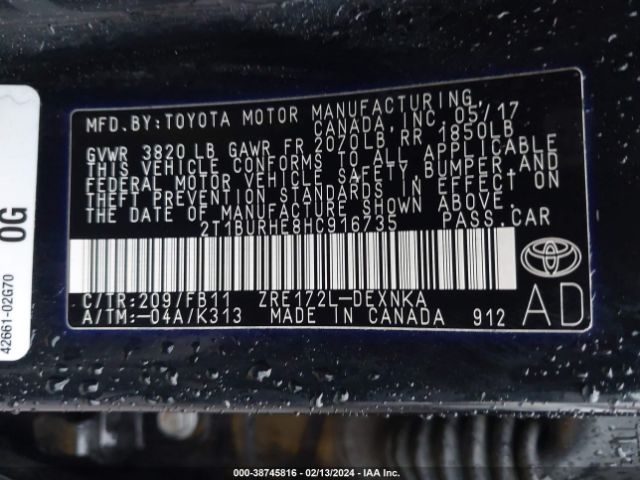 2T1BURHE8HC916735 Toyota COROLLA LE