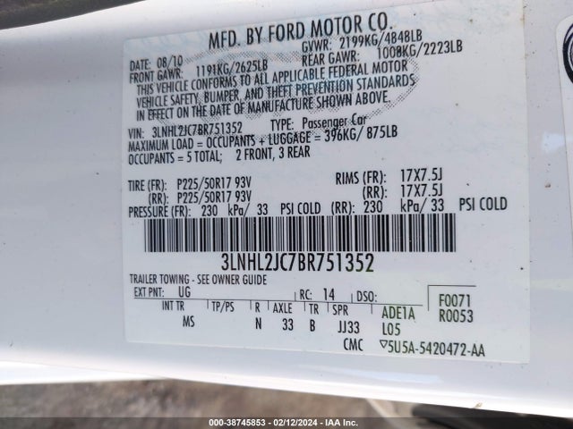 2011 LINCOLN MKZ VIN: 3LNHL2JC7BR751352