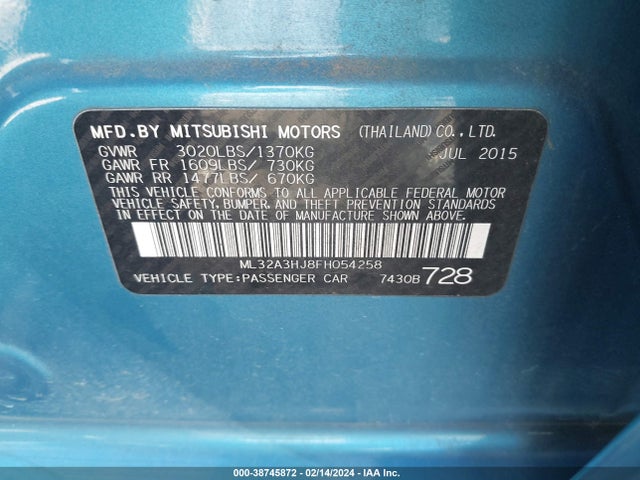 ML32A3HJ8FH054258 Mitsubishi MIRAGE DE