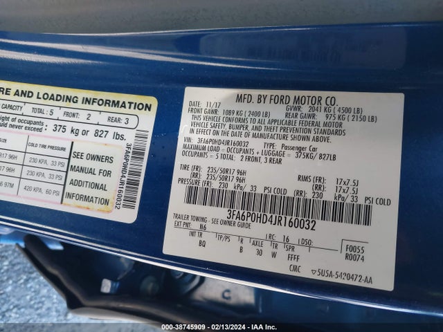 Ford FUSION SE 2018 3FA6P0HD4JR160032 Image 9