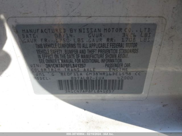 3N1CN7AP8FL841257 Nissan Versa 1.6 S/1.6 S+/1.6 Sl/1.6 Sv