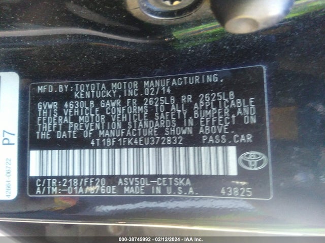 2014 TOYOTA CAMRY SE VIN: 4T1BF1FK4EU372832