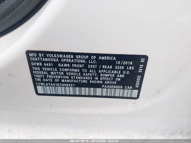 1VWLA7A31KC006321 Volkswagen Passat 2.0t Wolfsburg Edition