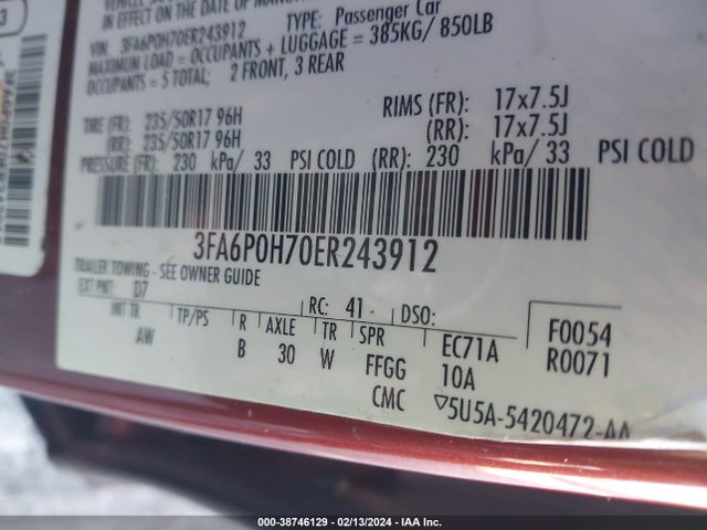 Ford FUSION SE 2014 3FA6P0H70ER243912 Image 9