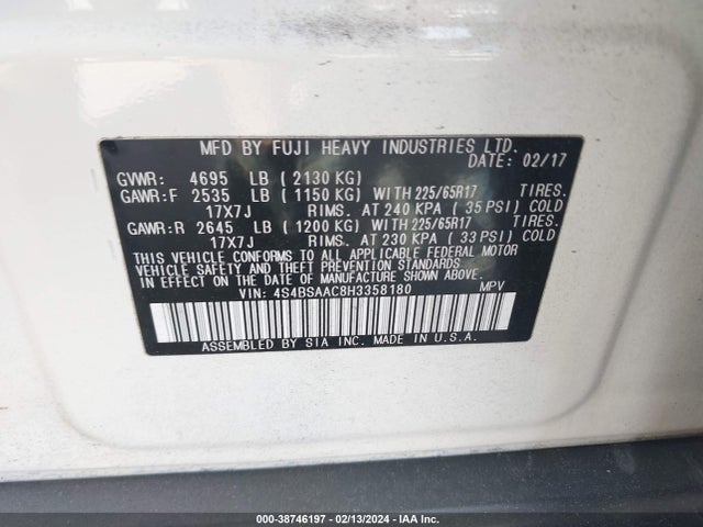 Subaru Outback 2.5i 2017 4S4BSAAC8H3358180 Image 9