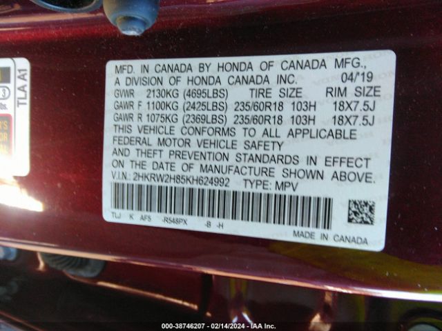 2HKRW2H85KH624992 Honda Cr-v Ex-l