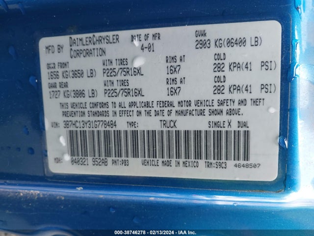 2001 DODGE RAM 1500 ST VIN: 3B7HC13Y31G778484