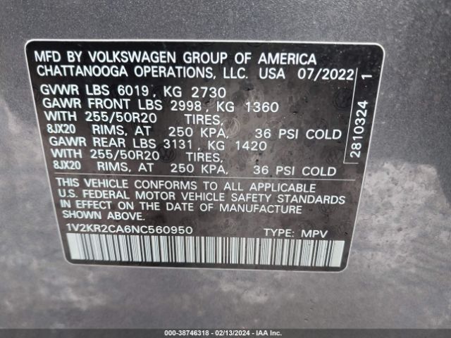 1V2KR2CA6NC560950 Volkswagen Atlas 3.6l V6 Se W/technology