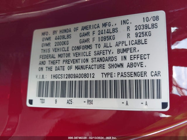 2009 HONDA ACCORD 2.4 EX-L VIN: 1HGCS12809A008012