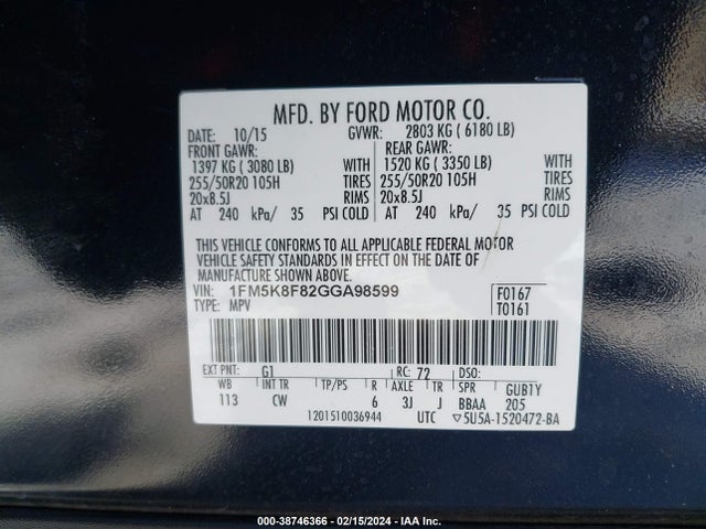 Ford Explorer Limited 2016 1FM5K8F82GGA98599 Image 9
