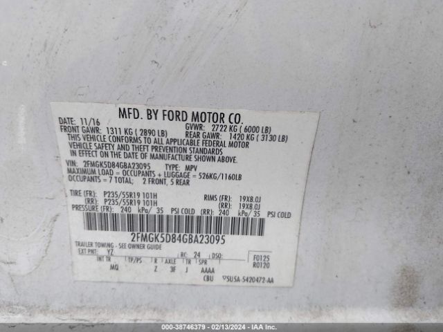 2FMGK5D84GBA23095 Ford Flex Limited
