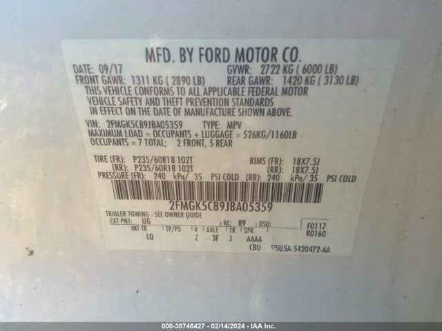 Ford FLEX SEL 2018 2FMGK5C89JBA05359 Image 9