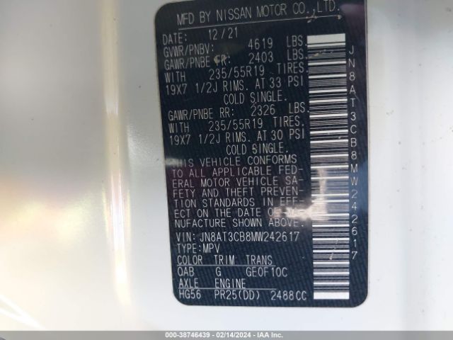 JN8AT3CB8MW242617 Nissan Rogue Sl Intelligent Awd