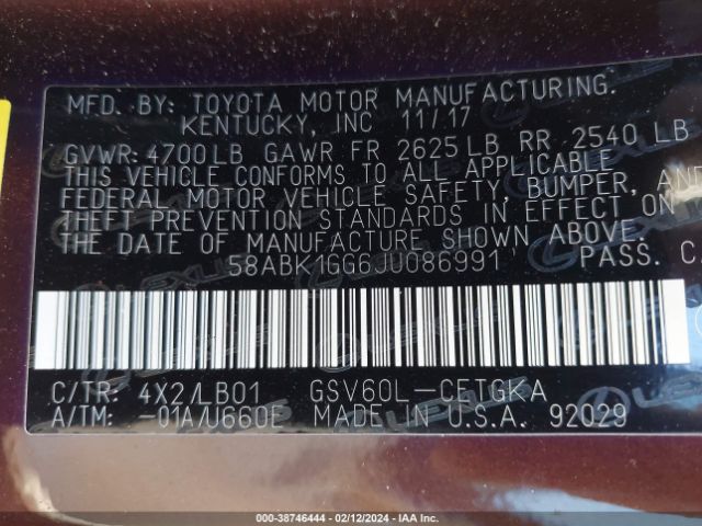 58ABK1GG6JU086991 Lexus ES 350