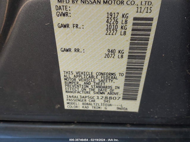 Nissan Altima 2.5 Sl 2016 1N4AL3AP5GC128807 Image 9