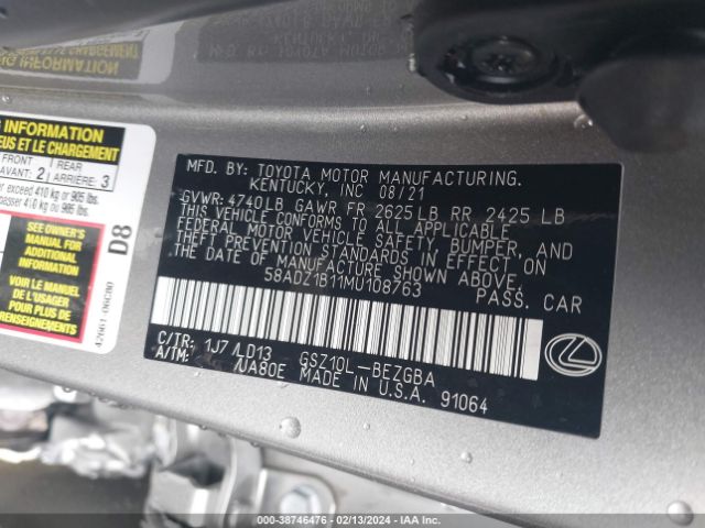 58ADZ1B11MU108763 Lexus ES 350