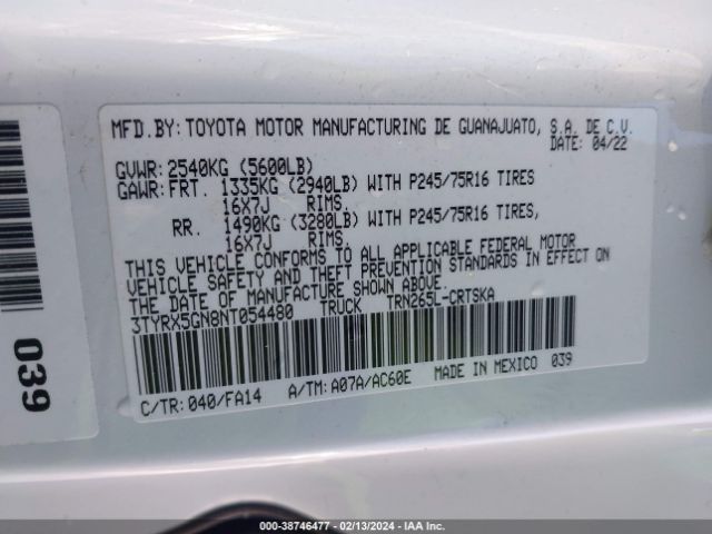 3TYRX5GN8NT054480 Toyota Tacoma Sr