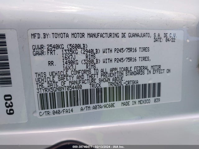 Toyota Tacoma Sr 2022 3TYRX5GN8NT054480 Image 9