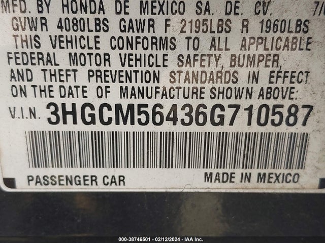 2006 HONDA ACCORD 2.4 LX VIN: 3HGCM56436G710587