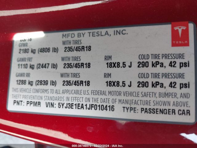 5YJ3E1EA1JF010416 Tesla Model 3 Long Range/mid Range