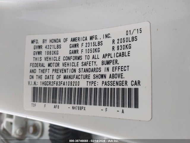 Honda Accord Ex-l 2015 1HGCR2F83FA109200 Image 9