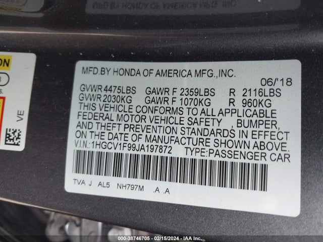 Honda Accord Touring 2018 1HGCV1F99JA197872 Image 9