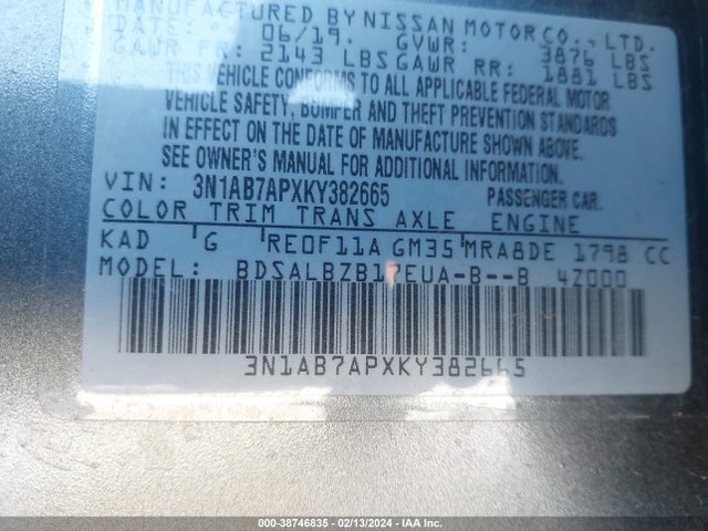 Nissan SENTRA S 2019 3N1AB7APXKY382665 Image 9