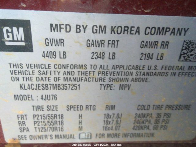 KL4CJESB7MB357251 Buick Encore Awd Preferred