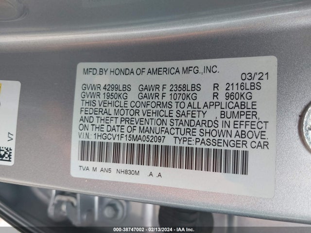 Honda ACCORD LX 2021 1HGCV1F15MA052097 Image 9