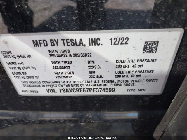 7SAXCBE67PF374599 Tesla Model X Plaid Tri Motor All-wheel Drive