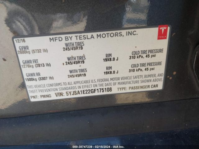 5YJSA1E22GF175108 Tesla Model S 60d/70d/75d/85d/90d