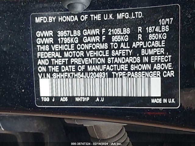 Honda CIVIC EX 2018 SHHFK7H54JU204931 Image 9